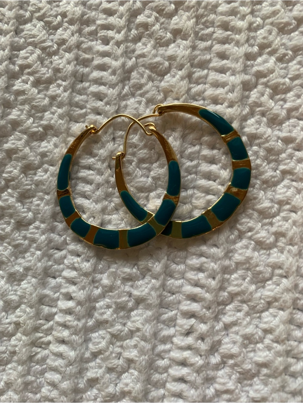 Gold Hoop Earrings with Teal Enamel Inset - Women Jewelry